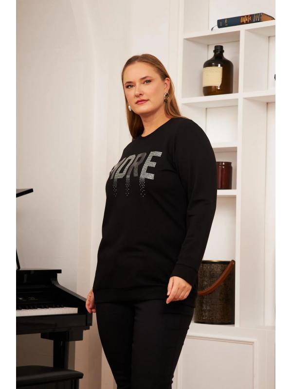 Büyük Beden Taş Baskılı Sweatshirt Siyah