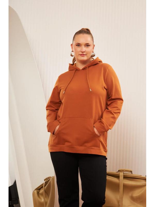 Kapşonlu Büyük Beden Camel Sweatshirt