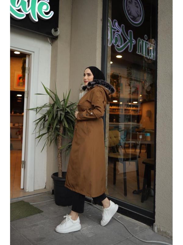 Düğme Detaylı Tesettür Camel Mont