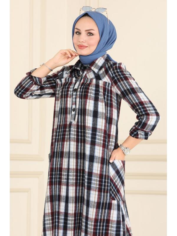 Yarım Düğmeli Ekose Tunik 2270BLU797 Bordo&Laci