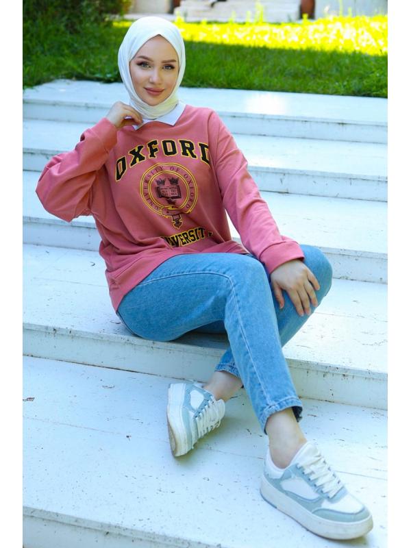 Gömlek Yaka Baskılı Sweatshirt 20409ETT926 Gül Kurusu