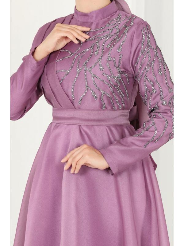 Taşlı Organze Abiye 5743AB368 Lila