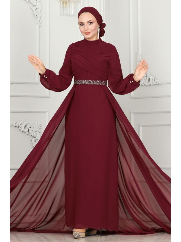 Drape Detaylı Taşlı Abiye 5940AB368 Bordo