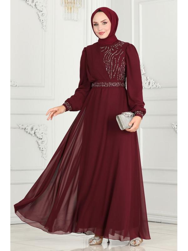 Drape Taş Detaylı  Abiye 6583YG95 Bordo