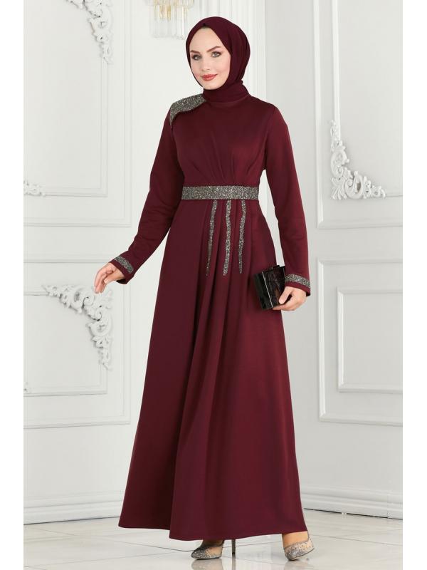 Drape Taş Detaylı Abiye 2529SL432 Bordo