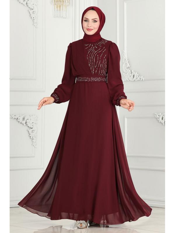 Drape Taş Detaylı  Abiye 6583YG95 Bordo