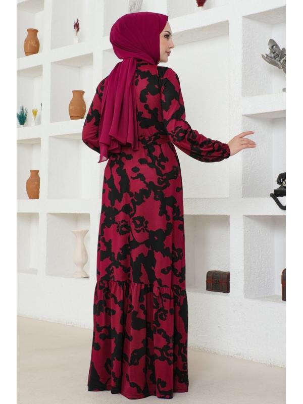 Desenli Kemerli Helen Elbise 216DVL817 Bordo