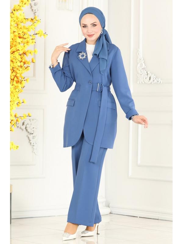 Kemerli Blazer Ceketli Takım 9037MDH809 İndigo