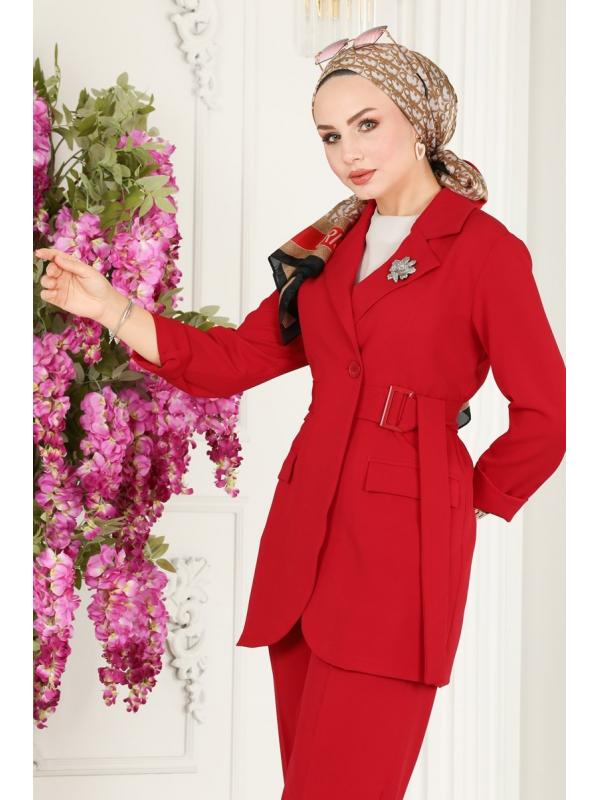 Kemerli Blazer Ceketli Takım 9037MDH809 Kırmızı