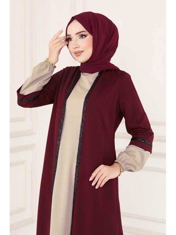 Pul Detaylı Tesettür Takım ASM2670 Bordo&Vizyon