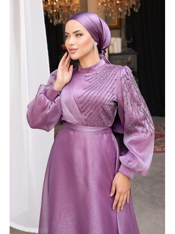 Taş İşlemeli Organze Abiye 5741AB368 Lila