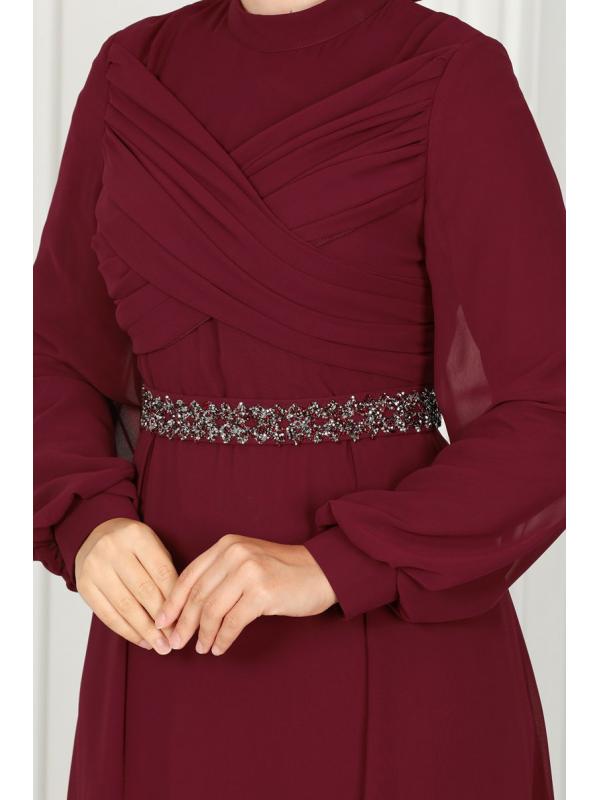 Drape Detaylı Taşlı Abiye 5940AB368 Bordo