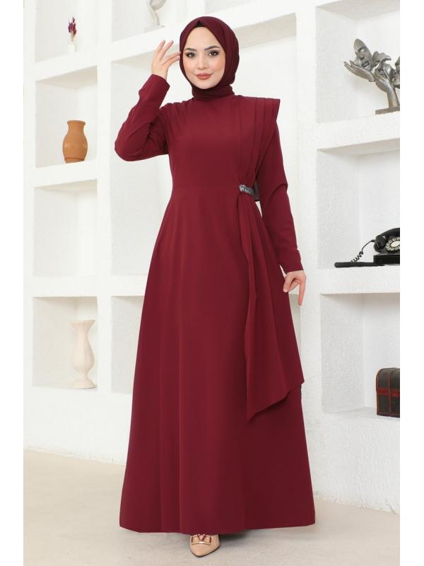 Drapeli Pul Detaylı Elbise ASM2693 Bordo