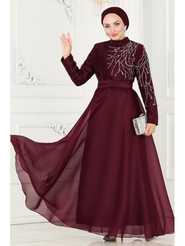 Taşlı Organze Abiye 5743AB368 Bordo