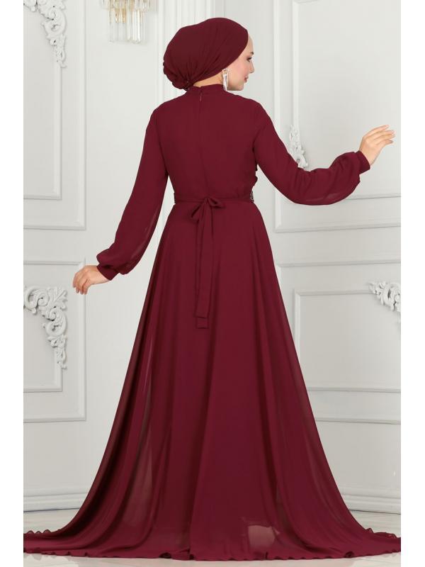 Drape Detaylı Taşlı Abiye 5940AB368 Bordo