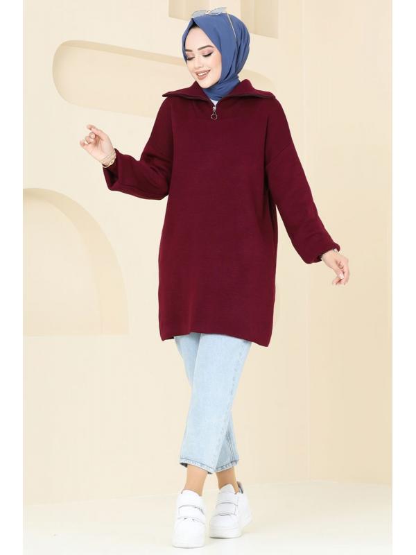 Yarım Fermuarlı Triko Tunik 11043BRZ597 Bordo