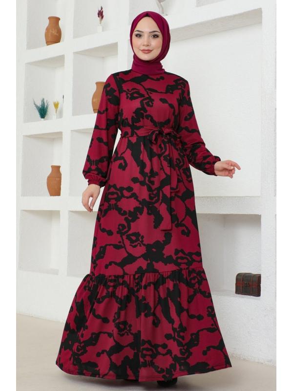 Desenli Kemerli Helen Elbise 216DVL817 Bordo