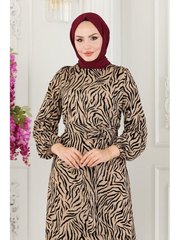 Desenli Kemerli Helen Elbise 216DVL817 Zebra Desen