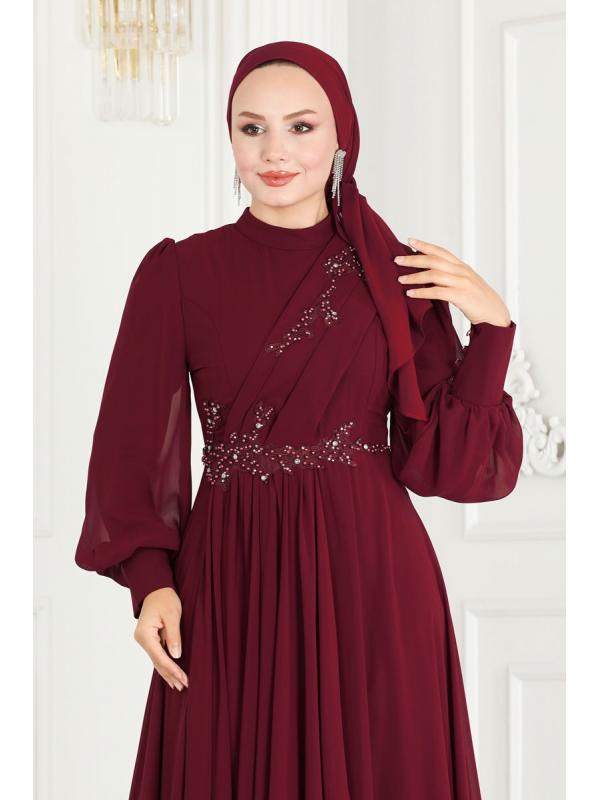 Taş İşlemeli Şifon Abiye ABY5652 Bordo