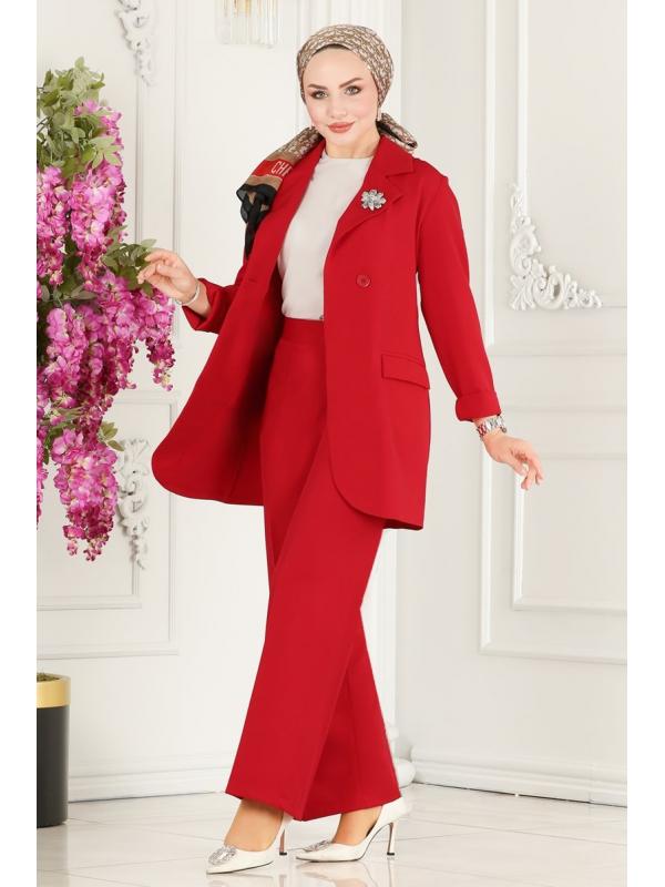 Kemerli Blazer Ceketli Takım 9037MDH809 Kırmızı