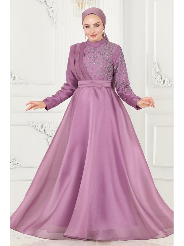 Taşlı Organze Abiye 5743AB368 Lila