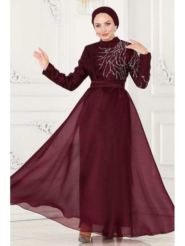 Taşlı Organze Abiye 5743AB368 Bordo