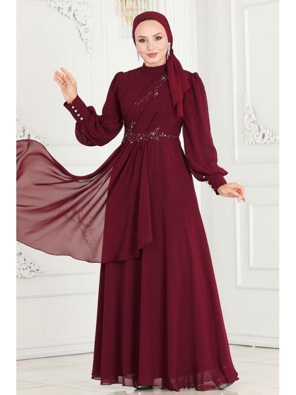 Taş İşlemeli Şifon Abiye ABY5652 Bordo