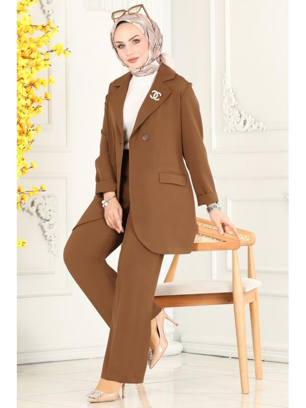 Kemerli Blazer Ceketli Takım 9037MDH809 Kahve