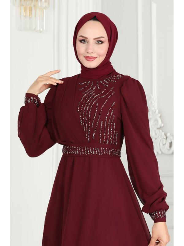 Drape Taş Detaylı  Abiye 6583YG95 Bordo