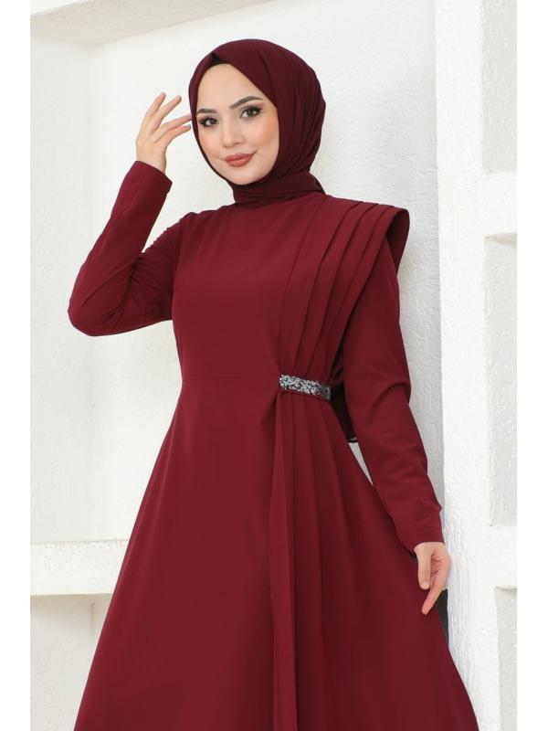 Drapeli Pul Detaylı Elbise ASM2693 Bordo