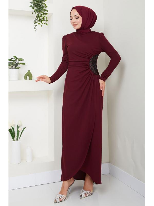 Drape Detaylı Elbise ASM2743 Bordo