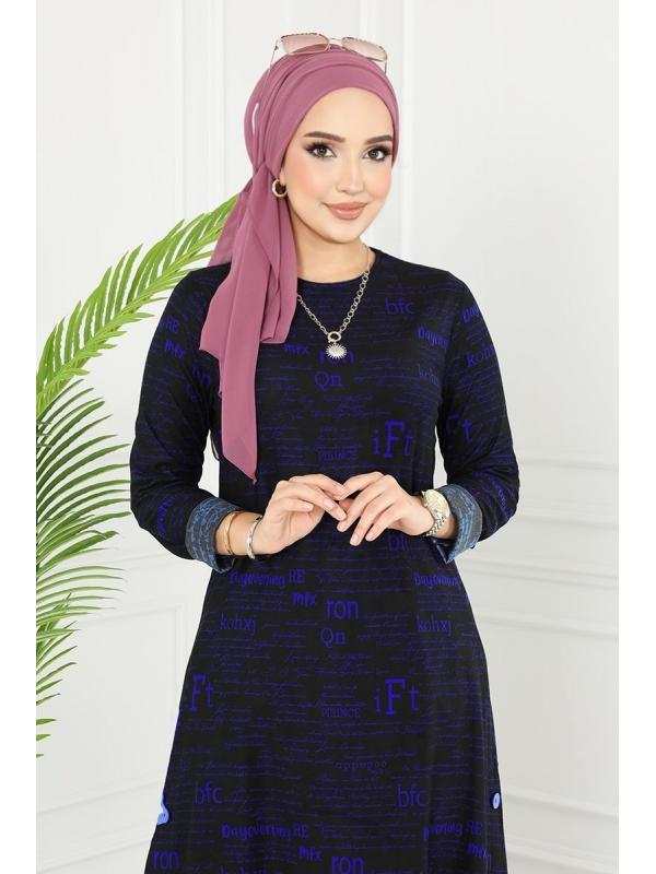 Yazı Baskılı Süet Örme Tunik 219DVL817 Saks&Siyah