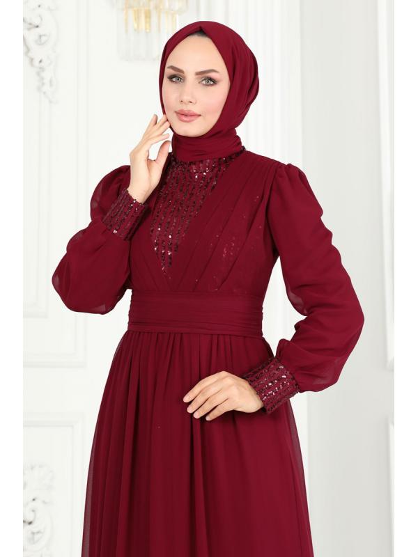 Göğsü Drapeli Şifon Abiye 6582YG95 Bordo