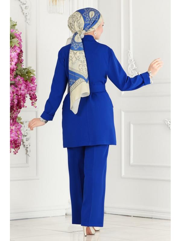 Kemerli Blazer Ceketli Takım 9037MDH809 Saks