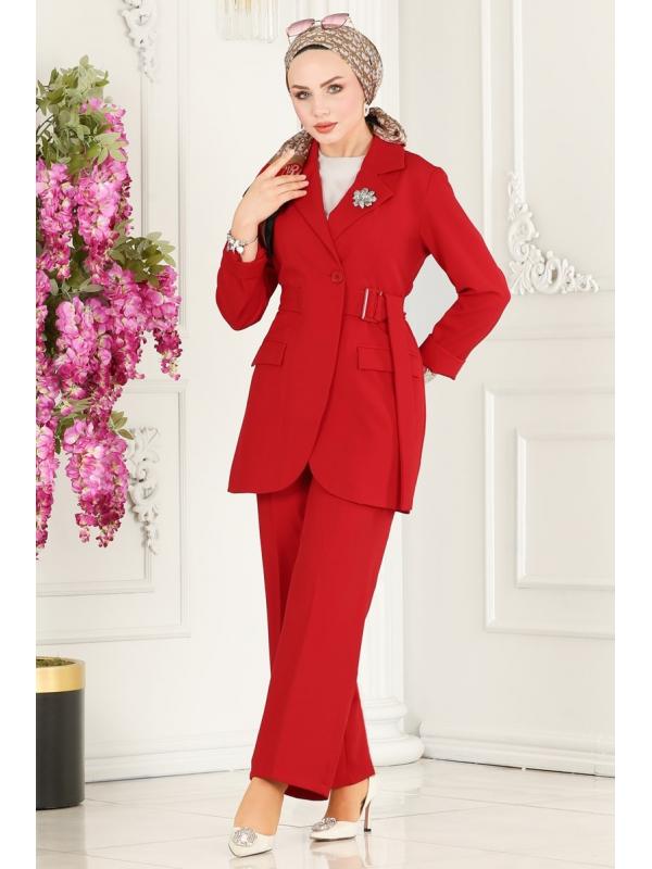 Kemerli Blazer Ceketli Takım 9037MDH809 Kırmızı