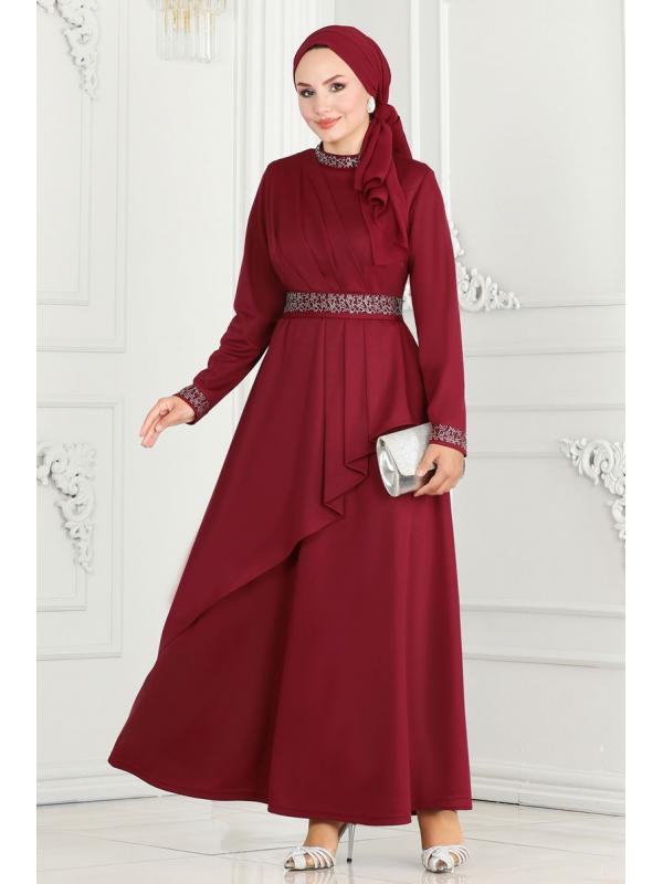 Drape Detaylı Tesettür Abiye 264DVL817 Bordo