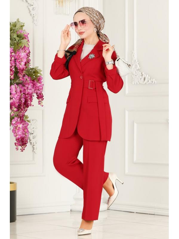 Kemerli Blazer Ceketli Takım 9037MDH809 Kırmızı