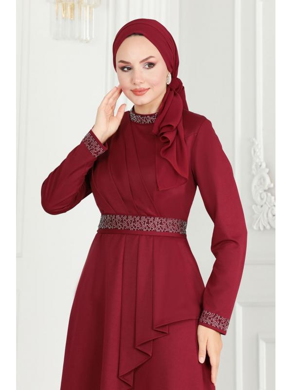 Drape Detaylı Tesettür Abiye 264DVL817 Bordo