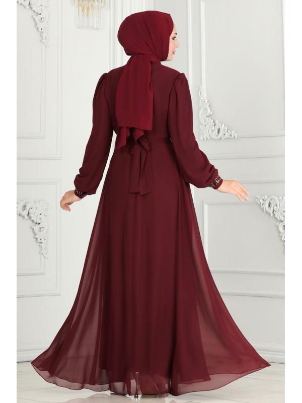 Drape Taş Detaylı  Abiye 6583YG95 Bordo