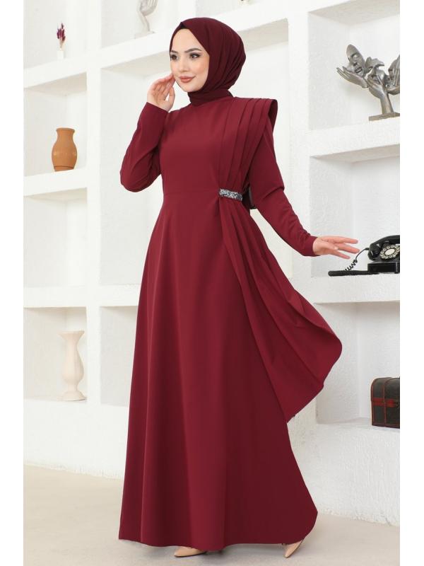 Drapeli Pul Detaylı Elbise ASM2693 Bordo