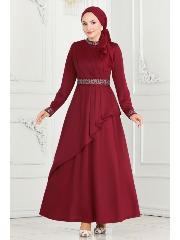 Drape Detaylı Tesettür Abiye 264DVL817 Bordo