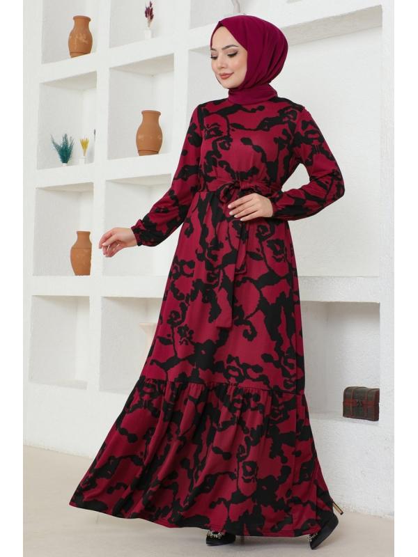 Desenli Kemerli Helen Elbise 216DVL817 Bordo