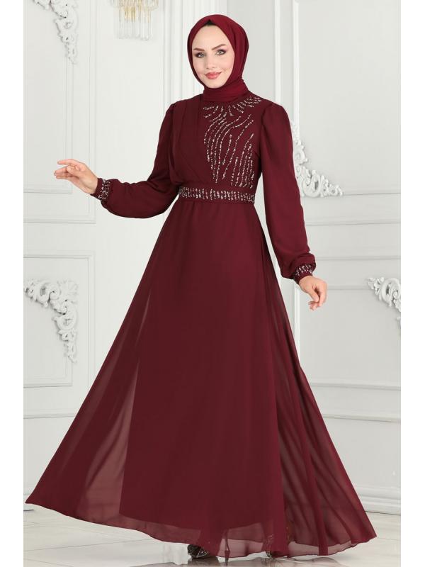 Drape Taş Detaylı  Abiye 6583YG95 Bordo