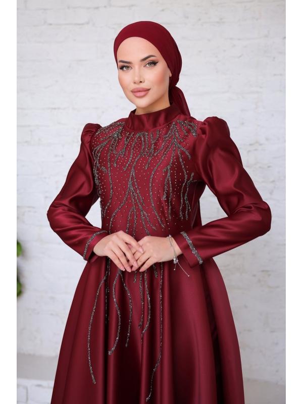 Taş İşlemeli Saten Abiye 6357YG95 Bordo