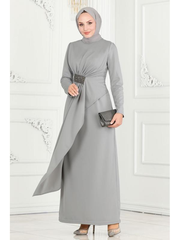 Drape Detaylı Kalem Abiye 2520SL432 Gri