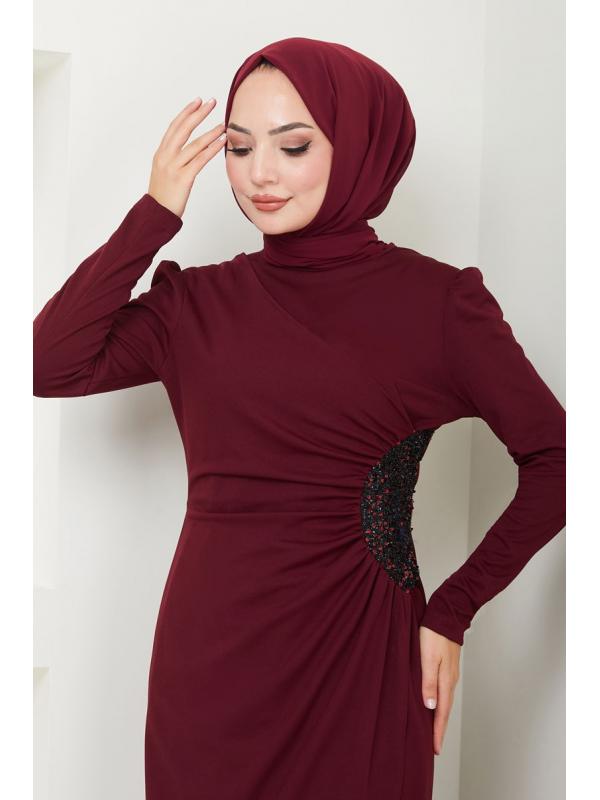 Drape Detaylı Elbise ASM2743 Bordo