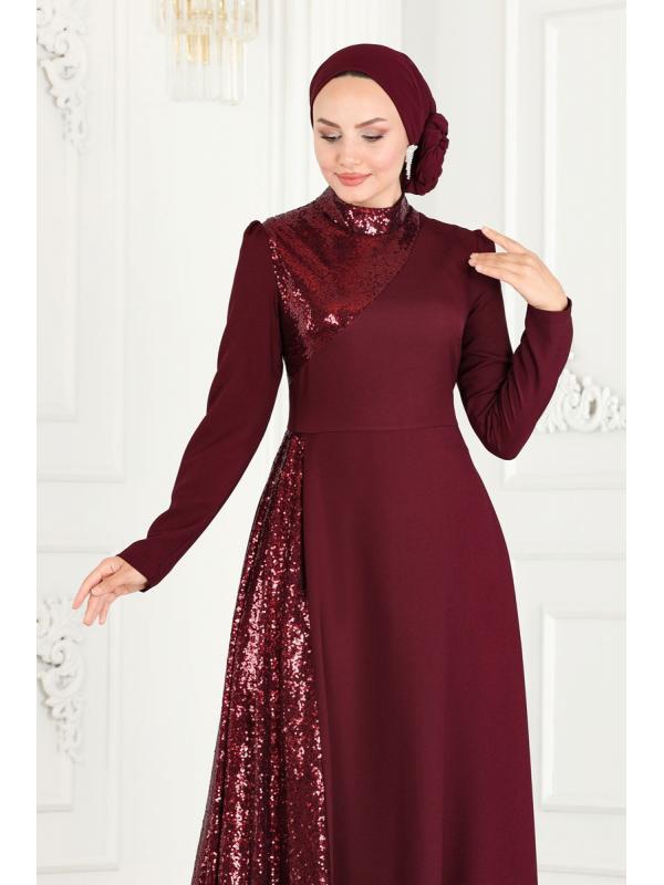 Pul İşlemeli Tesettür Abiye ASM2719 Bordo