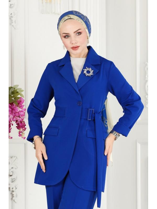 Kemerli Blazer Ceketli Takım 9037MDH809 Saks