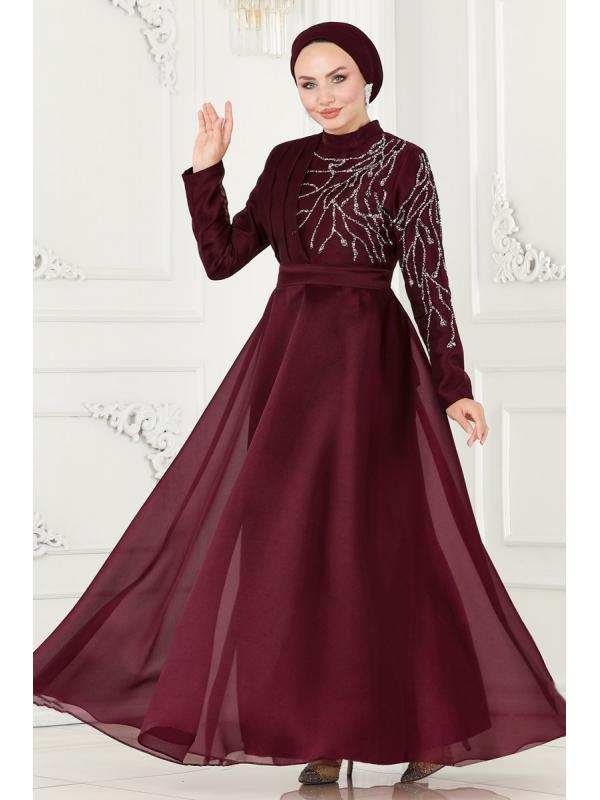 Taşlı Organze Abiye 5743AB368 Bordo