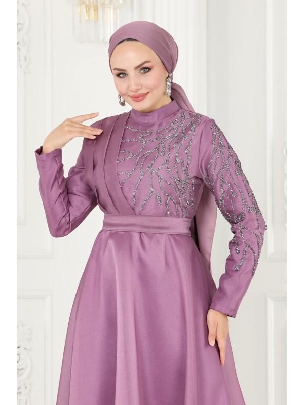 Taşlı Organze Abiye 5743AB368 Lila